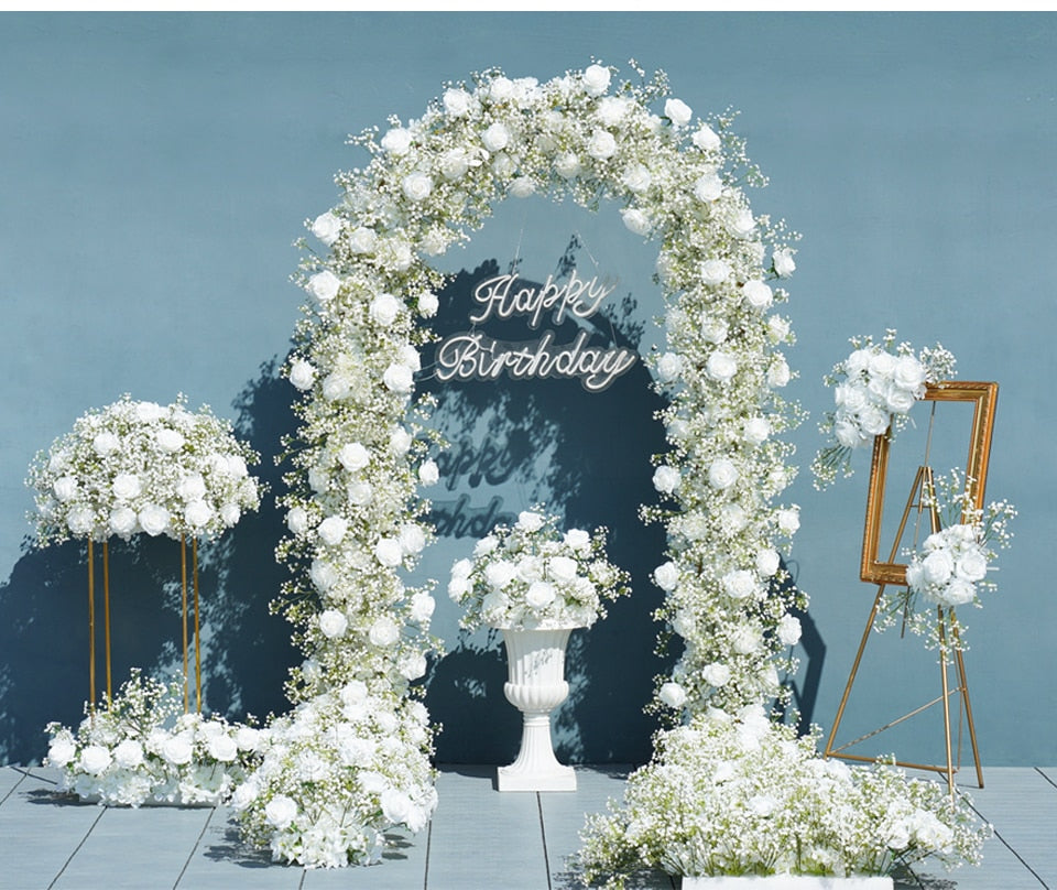 White Rose Babysbreath Gypsophila Wedding Arch Floral Arrangement Runner Event Table Centerpieces Ball Flower Wall Decor - Floever's Life