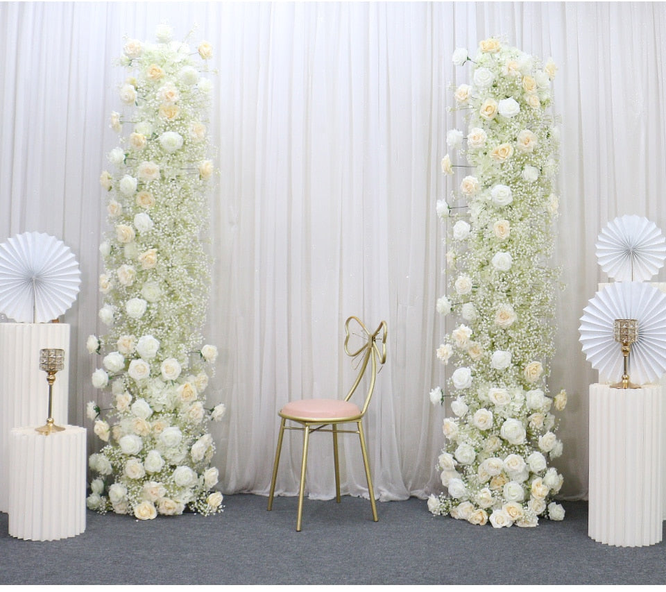 Ivory Rose White Gypsophila Baby Breath Flower Row Arrangement Wedding Backdrop Prop Table Flower Runner - Floever's Life