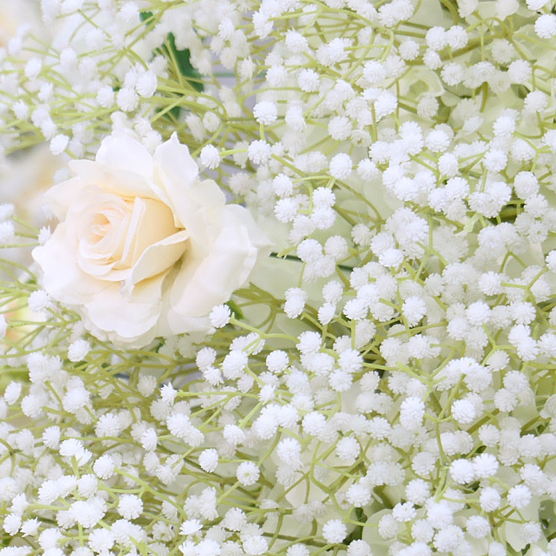 Ivory Rose White Gypsophila Baby Breath Flower Row Arrangement Wedding Backdrop Prop Table Flower Runner - Floever's Life