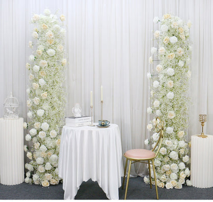 Ivory Rose White Gypsophila Baby Breath Flower Row Arrangement Wedding Backdrop Prop Table Flower Runner - Floever's Life