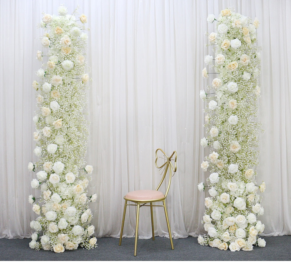 Ivory Rose White Gypsophila Baby Breath Flower Row Arrangement Wedding Backdrop Prop Table Flower Runner - Floever's Life