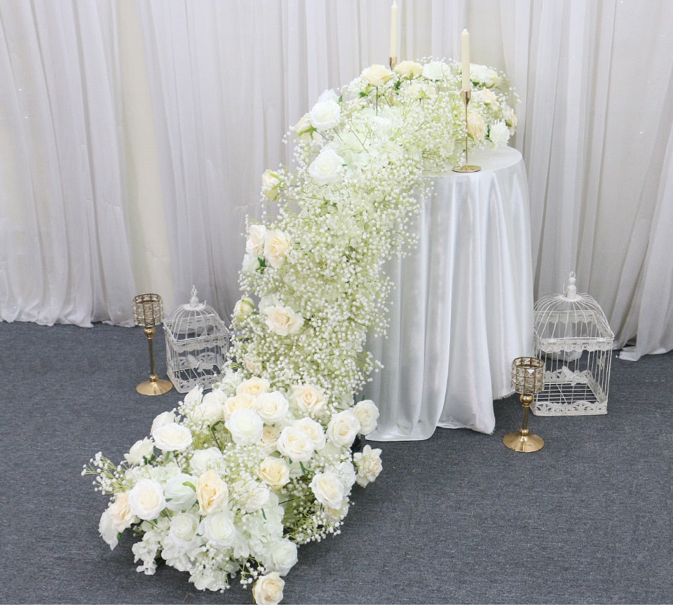 Ivory Rose White Gypsophila Baby Breath Flower Row Arrangement Wedding Backdrop Prop Table Flower Runner - Floever's Life