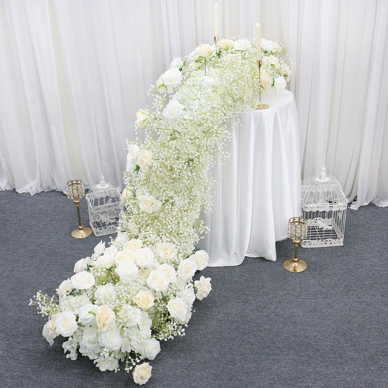 Ivory Rose White Gypsophila Baby Breath Flower Row Arrangement Wedding Backdrop Prop Table Flower Runner - Floever's Life