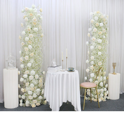 Ivory Rose White Gypsophila Baby Breath Flower Row Arrangement Wedding Backdrop Prop Table Flower Runner - Floever's Life