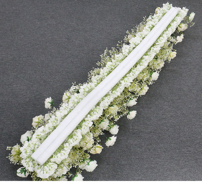 Ivory Rose White Gypsophila Baby Breath Flower Row Arrangement Wedding Backdrop Prop Table Flower Runner - Floever's Life