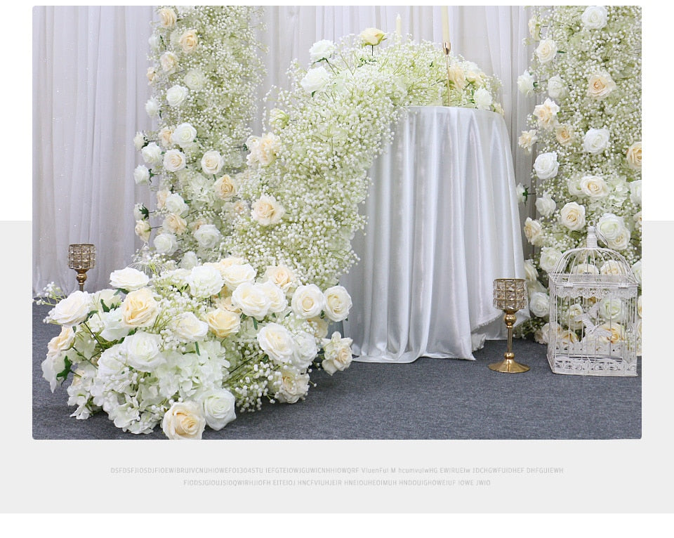 Ivory Rose White Gypsophila Baby Breath Flower Row Arrangement Wedding Backdrop Prop Table Flower Runner - Floever's Life