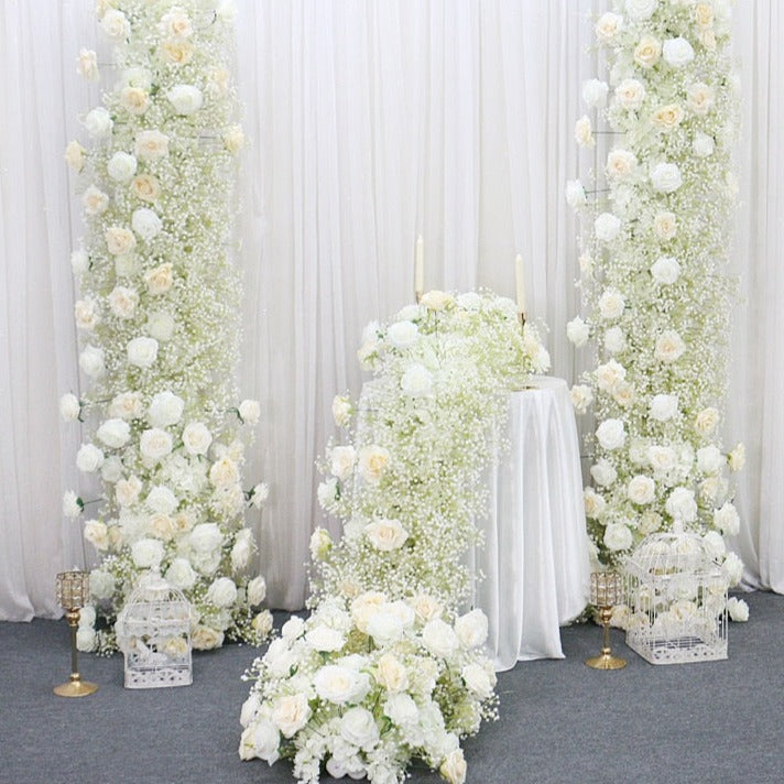 Ivory Rose White Gypsophila Baby Breath Flower Row Arrangement Wedding Backdrop Prop Table Flower Runner - Floever's Life