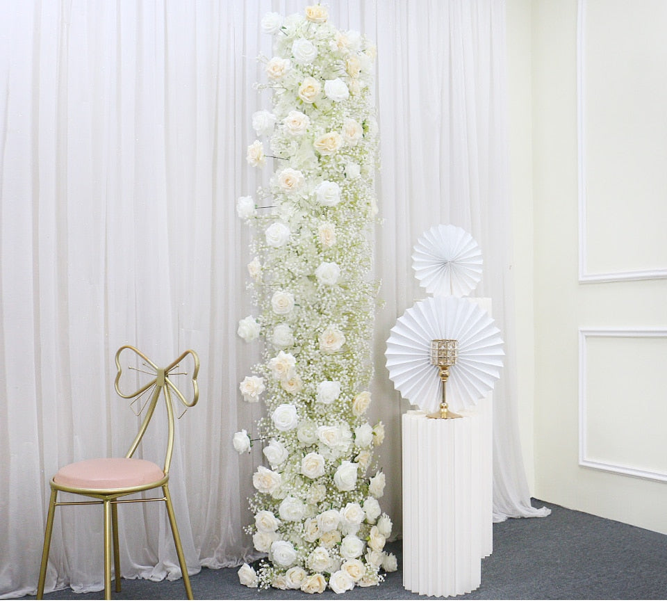 Ivory Rose White Gypsophila Baby Breath Flower Row Arrangement Wedding Backdrop Prop Table Flower Runner - Floever's Life