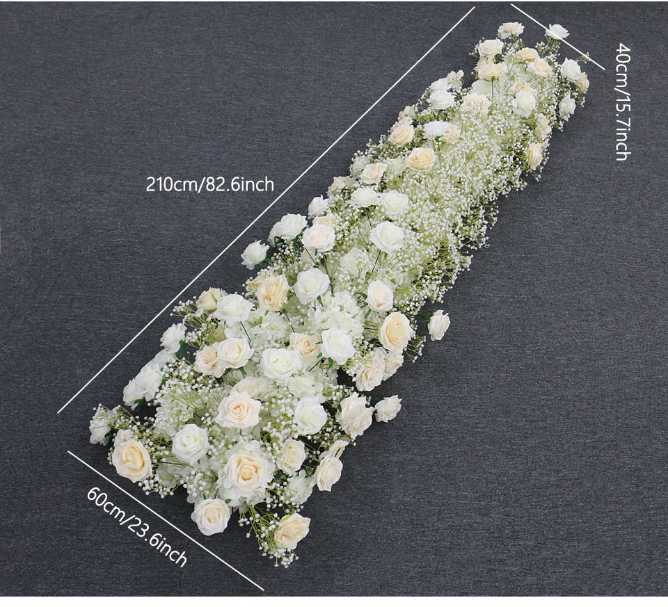 Ivory Rose White Gypsophila Baby Breath Flower Row Arrangement Wedding Backdrop Prop Table Flower Runner - Floever's Life