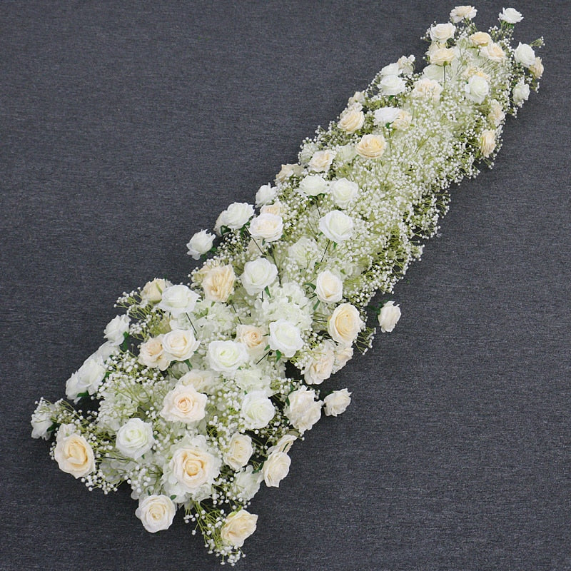 Ivory Rose White Gypsophila Baby Breath Flower Row Arrangement Wedding Backdrop Prop Table Flower Runner - Floever's Life